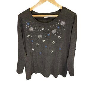 CJ Banks Black Round Neck 3/4 Sleeve Snowflake Sweater